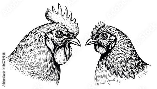 Hand drawn poultry set featuring rooster and hen heads for farming and agricultural design
