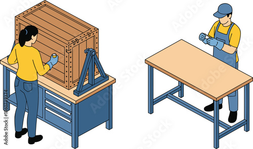 Workers in yellow shirts and blue overalls working on wooden crate and table