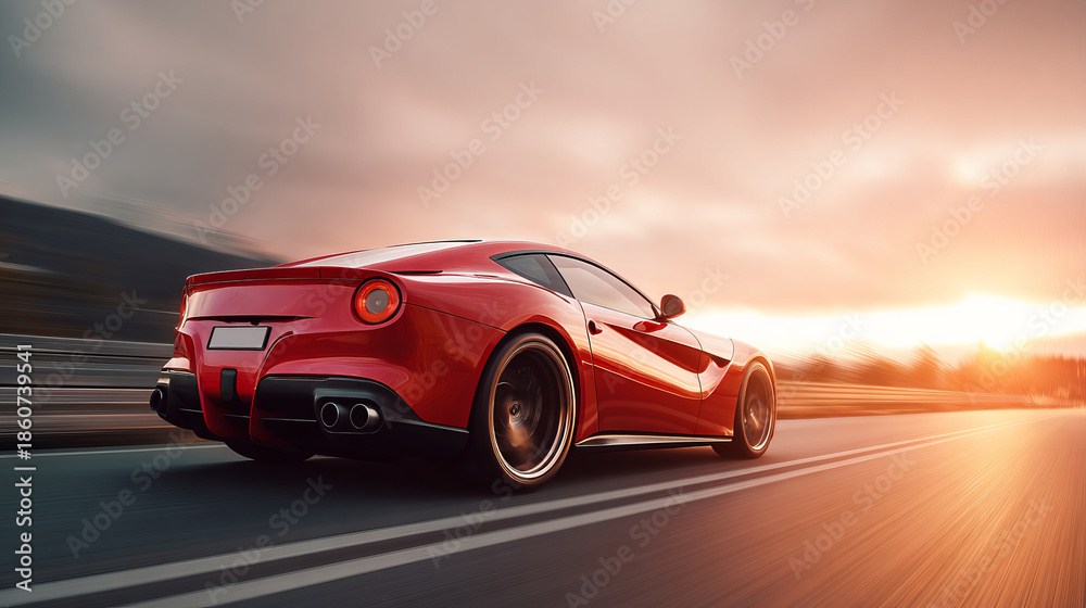 Obraz premium A red sports car is speeding at the sunset, slow shutter speed photography