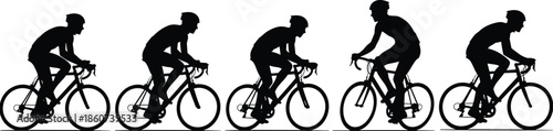 Silhouette of cyclist riding bicycle in five different positions bike cycling silhouettes