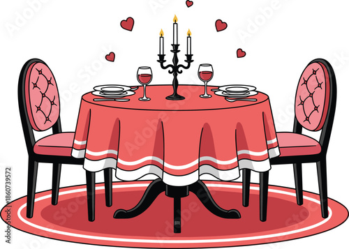 Red table set for two with wine glasses and candelabra red tablecloth chairs
