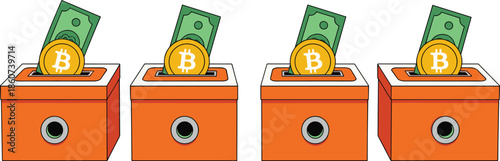 Orange donation boxes with bitcoin and money