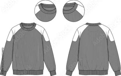 Gray and white ribbed sweatshirt with shoulder patches front and back views gray sweatshirt