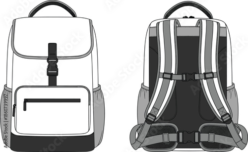 Gray and black backpack front and back view white school bag