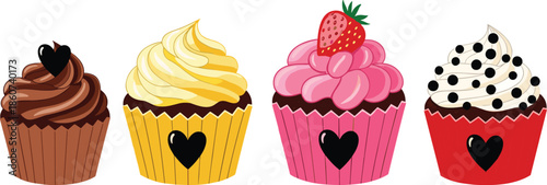 Four colorful cupcakes with hearts and toppings chocolate strawberry icing