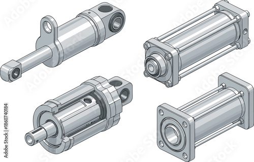 Four gray metal pneumatic cylinders with different orientations and views metal cylinders