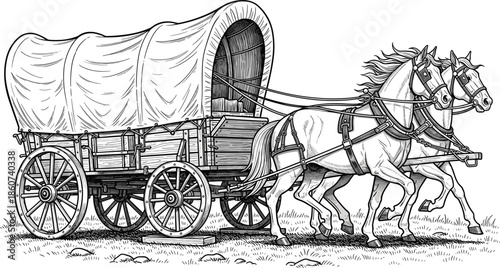 Covered wagon pulled by two white horses horse-drawn carriage wooden wagon