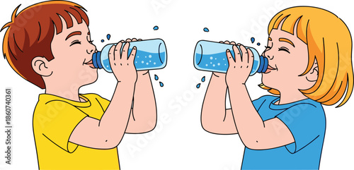 Children drinking from water bottles kids girl