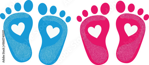 Blue and pink baby footprints with hearts baby feet
