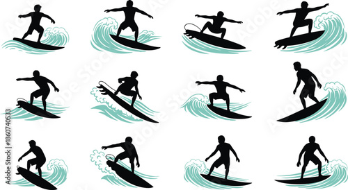 Black silhouettes of surfers riding waves surfing