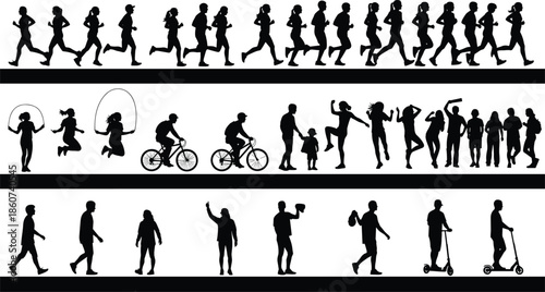 Black silhouettes of people running jumping biking walking white background