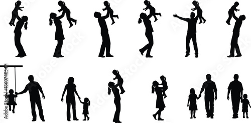 Black silhouettes of parents and children playing together family