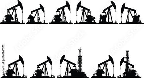 Black silhouettes of oil pumps on white background pumpjack