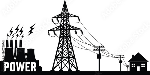 Black and white silhouette of power plant residential area with power lines and tower