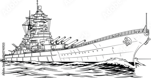 Battleship with guns on water warship naval vessel boat