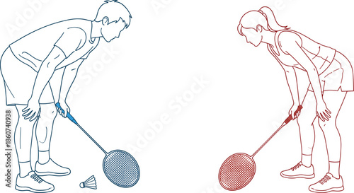 Badminton players with rackets and shuttlecock woman