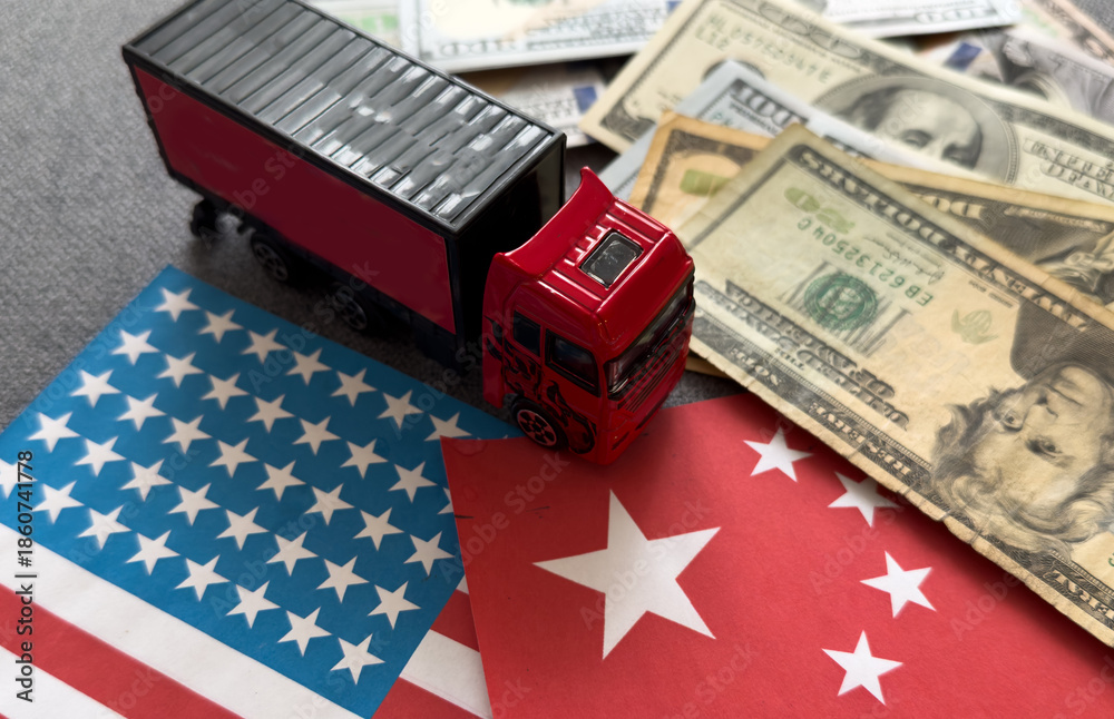 Fototapeta premium 100 US dollar bill in flags of china and usa background