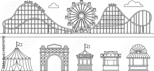 Amusement park rides and attractions roller coaster Ferris wheel tent archway