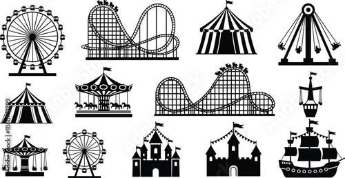 Black and white amusement park carnival ferris wheel roller coaster