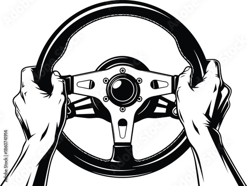 Black and white of hands gripping a steering wheel driving vehicle