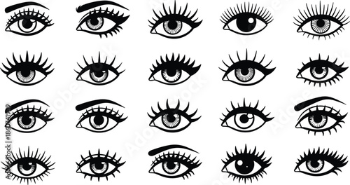 Black and white of multiple female eyes with varying eyelashes and eyebrow styles