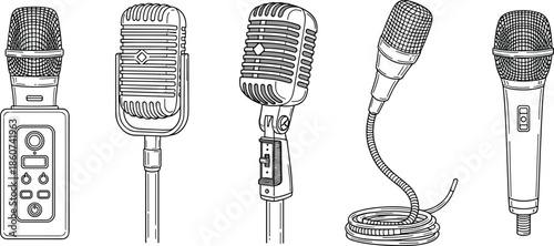 Black and white of five different microphones vintage microphone dynamic microphone
