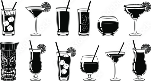 Black and white of various cocktail glasses and a tiki mug drinks