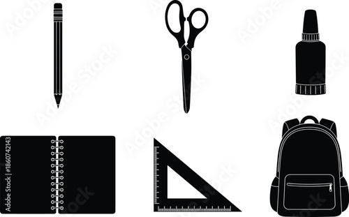 Black and white school supplies pencil scissors glue bottle
