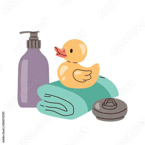 Flat vector illustration of a rubber duck sitting on a folded towel with shampoo or shower gel bottle and bath plug. Cute bathroom hygiene set for kids, baby bath, childcare, cleaning routine concept.