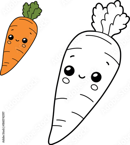 Cute carrot colouring page for children. Simple black and white outline with a smiling face plus a coloured reference carrot. Educational worksheet, kids colouring activity, printable vector illustrat