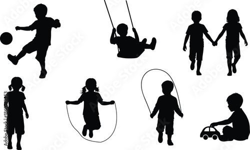 Black silhouettes of children playing kids white background