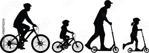 Black silhouettes of family riding bicycles and scooters children