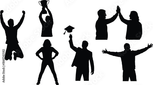 Black silhouettes of people celebrating with trophy and graduation cap celebration