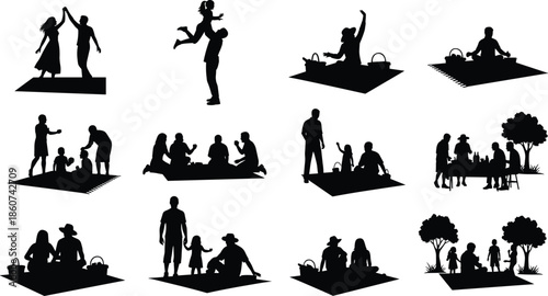 Black silhouettes of people having picnic in park outdoor