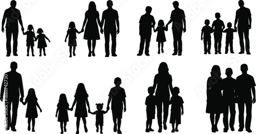 Black silhouettes of people holding hands family children adults