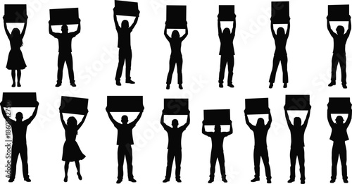 Black silhouettes of people holding signs protest