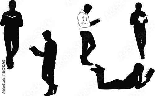 Black silhouettes of people reading books in different positions