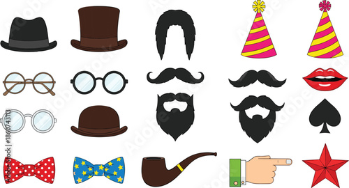 Cartoon style facial hair accessories hats and props bowler hat fedora party hat