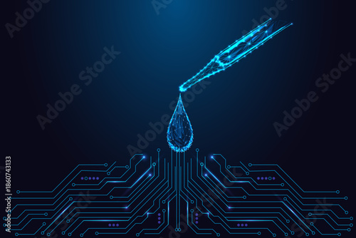 Biotech and laboratory innovation concept with glowing digital pipette and drop above circuit board