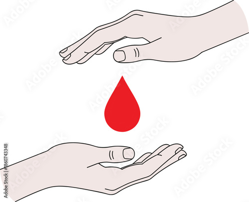 Hands offering and receiving a drop of red liquid red drop donation giving