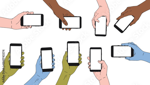 Hands holding smartphones with blank screens diverse skin tones colorful
