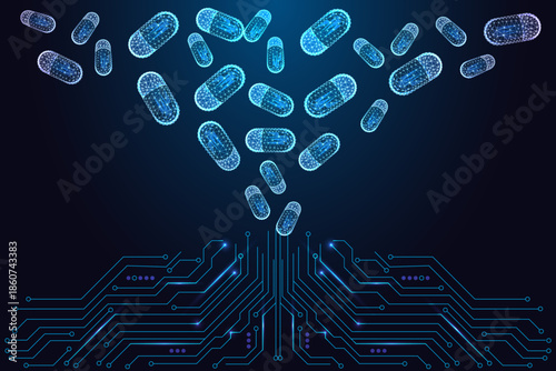 Pharmacy, medtech and drug development concept with digital low-poly capsules above circuit board 