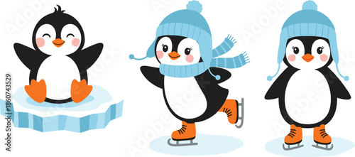 Penguins ice skating and standing on ice floe cartoon winter