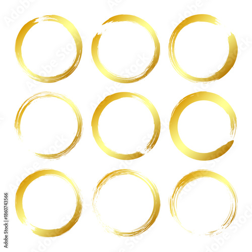 Golden grunge circles, brush strokes, lines, ink smudges, hand-drawn scribble shapes. Handmade sketchy marks, acrylic stains, charcoal streaks. Paint textures, dry brush effect. Vector illustration