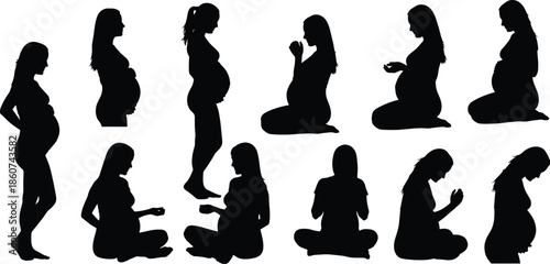 Pregnant women silhouettes in various poses black white