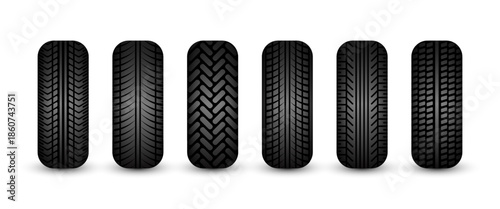 Rubber tires silhouettes. Car, truck, and motorcycle wheels, tread pattern designs. Perfect for automotive, racing, and motorsport themes, repair service and transport industry. Vector illustration