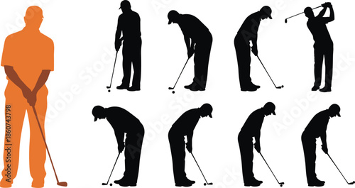 Silhouettes of golfers in various poses with orange accent black