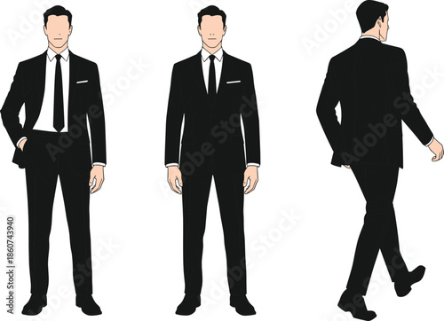 Three black and white of a businessman in different poses suit