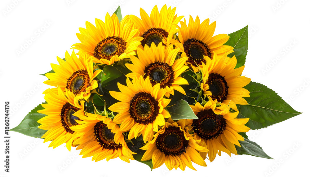 Fototapeta premium A vibrant bouquet of sunny yellow sunflowers with dark centers and green leaves