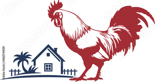 Red rooster silhouette with farmhouse and palm tree icon for organic poultry farm and rural branding